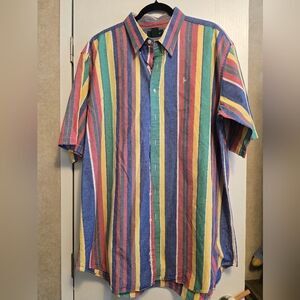 Vintage  Adult 2x Mens Red Yellow Aqua Stripe Rainbow Hunt Club 90s button down